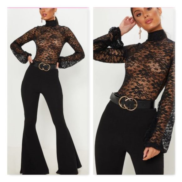 High Neck Flare Sleeve Open Back Lace Bodysuit - Picture 1 of 13